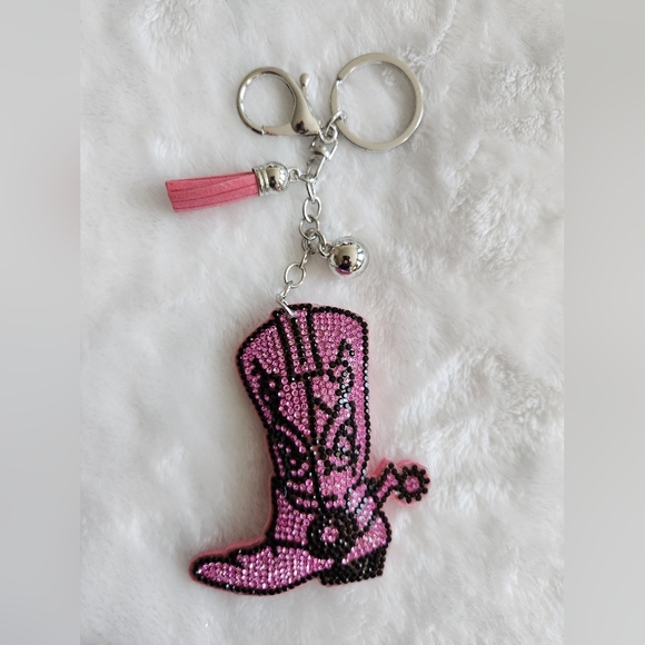 Pink Rhinestone Cowgirl Boot Keychain Bag Charm - Picture 1 of 2
